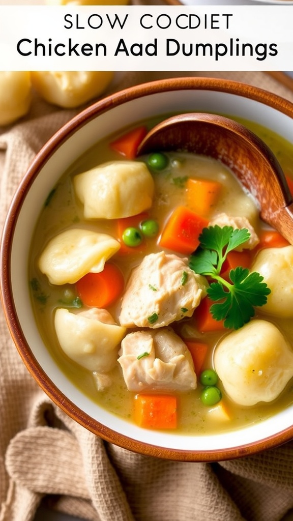 A bowl of slow cooker chicken and dumplings with chicken, dumplings, carrots, and peas in creamy broth, garnished with parsley.